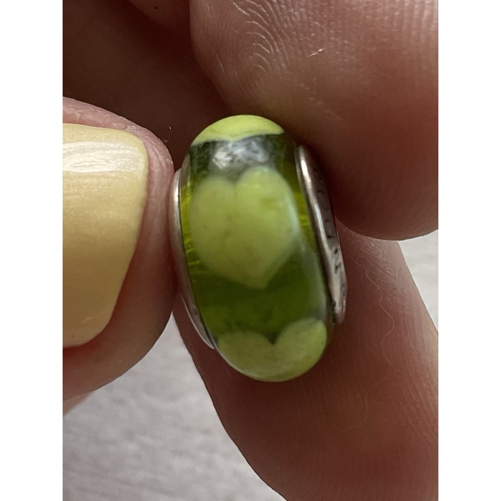 retired Pandora green & lime hearts Murano glass charm ALE 925 Sterling Silver